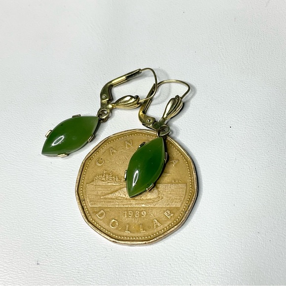 Vintage Jade Drop Earrings Rolled Gold Dangles - Picture 4 of 8